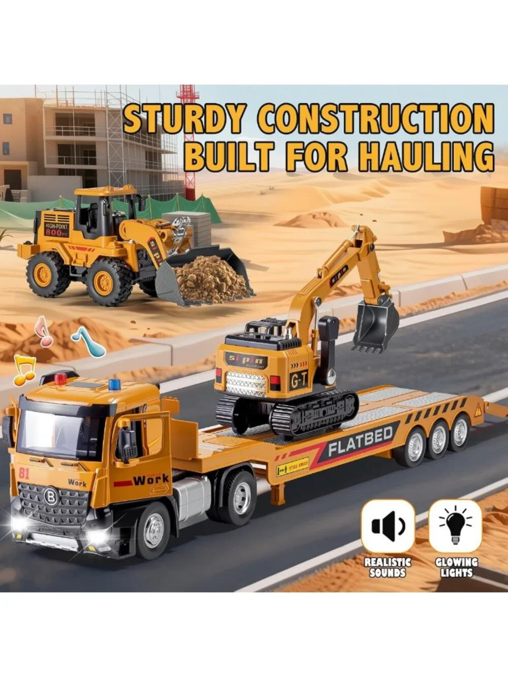 Kids Construction Toy Set - Metal Trucks, Excavator & Bulldozer Playset